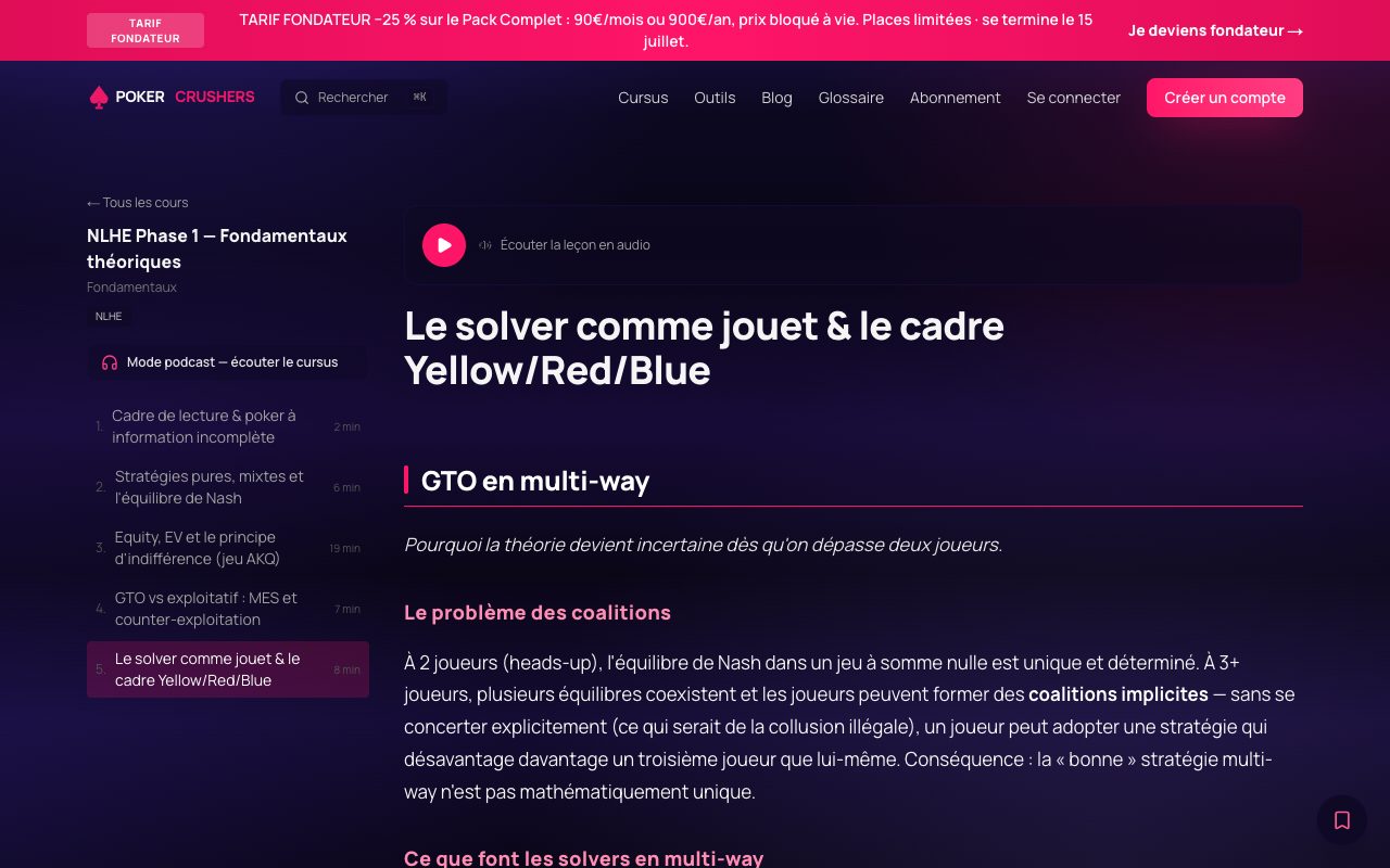 Leçon structurée NLHE — théorie GTO (cadre Yellow/Red/Blue)